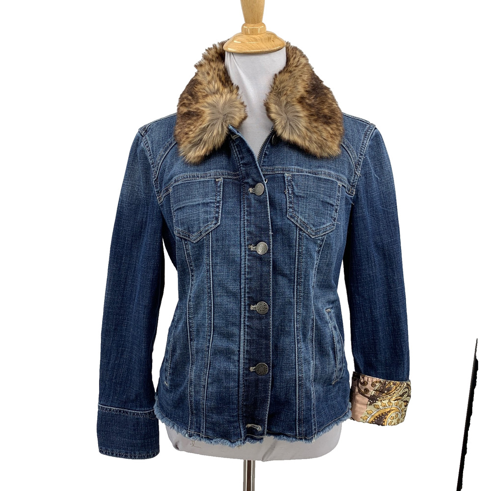 Chicos Jacket Womens 0P Petite Denim Faux Fur Collar Frayed Hem Flip Cuff Pocket
